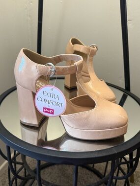 POP Nude Patent T-Strap Platform Heels
